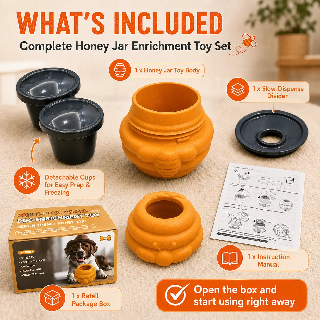 3-In-1 Honey Jar Dog Toy - Freezable Lick Bowl, Treat Dispenser, Chew-Resistant Enrichment Toy with 2 Detachable Cups, Ideal for Freeze Use, Daily Play, Dispense Treats & Camping Essentials