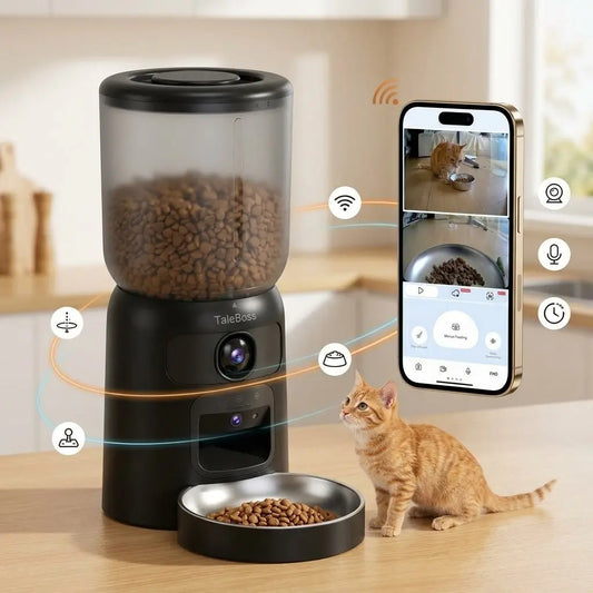Taleboss 5L Smart WiFi Automatic Pet Food Dispenser with Dual HD Cameras, 130° Wide Angle, Night Vision, Icam365 App Control, Two-Way Audio, Feeding Tray, Interactive Play Teaser Toy, and Training Accessories for Indoor Cats