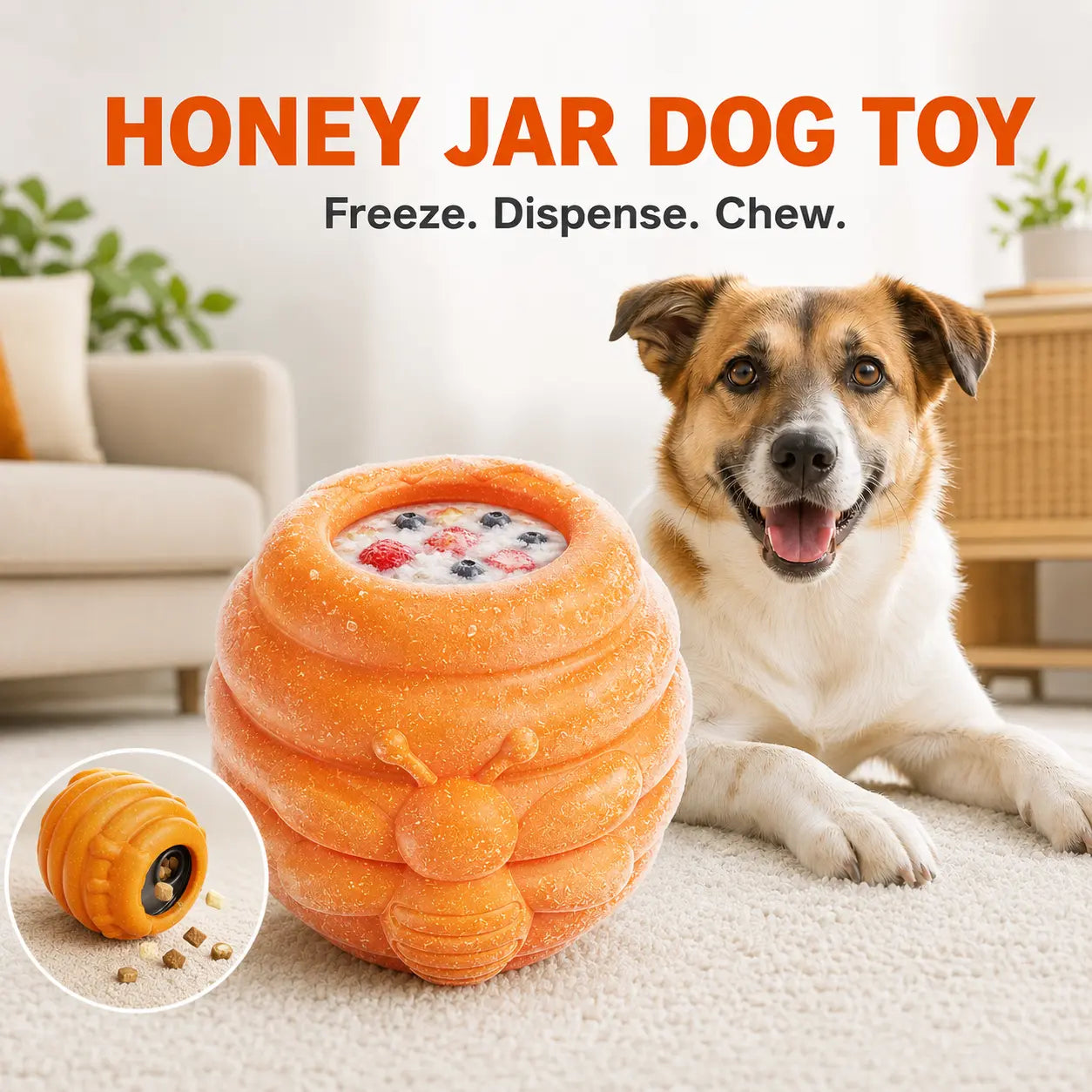 3-In-1 Honey Jar Dog Toy - Freezable Lick Bowl, Treat Dispenser, Chew-Resistant Enrichment Toy with 2 Detachable Cups, Ideal for Freeze Use, Daily Play, Dispense Treats & Camping Essentials