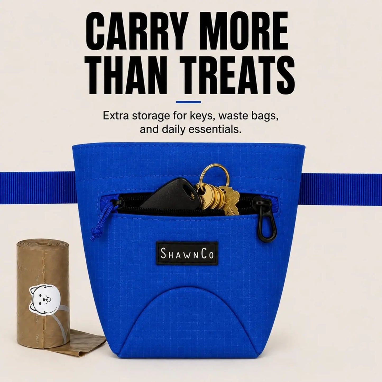 Shawnco Dog Treat Pouch - Magnetic Closure Training Bag with Adjustable Waist Belt (Up to 52"), Clip-On Option, and Front Zippered Pocket (Driftwood)