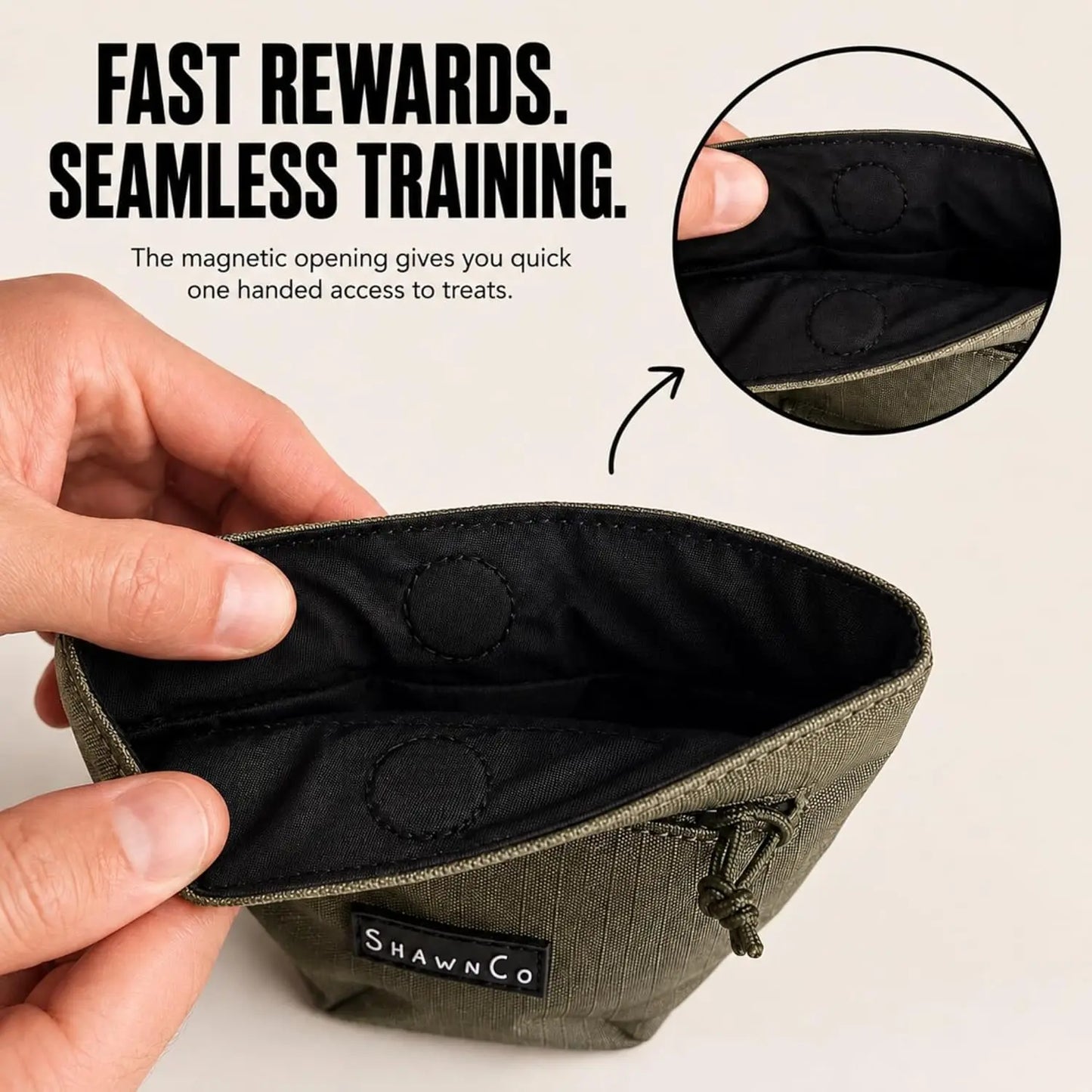 Shawnco Dog Treat Pouch - Magnetic Closure Training Bag with Adjustable Waist Belt (Up to 52"), Clip-On Option, and Front Zippered Pocket (Driftwood)