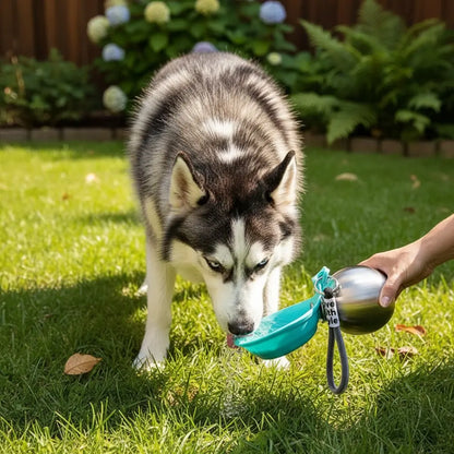 Portable Dog Water Dispenser - Foldable Pet Water Bottle, Leak-Proof Design, Ideal for Travel, 304 Stainless Steel Large Capacity (287ml) with Collapsible Silicone Bowl